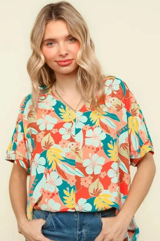 Haptics V Neck Drop Shoulder Hawaiian Woven Top for Summer - Love Salve